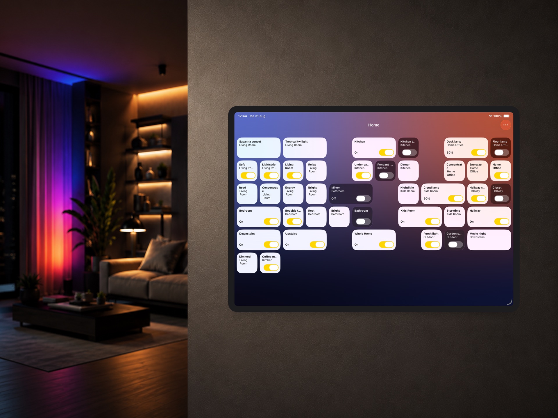 Hue Dashboard running on a wall mounted iPad in a living room lit with colored Philips Hue lighting