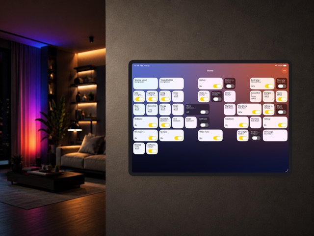 Hue Dashboard running on a wall mounted iPad in a living room lit with colored Philips Hue lighting